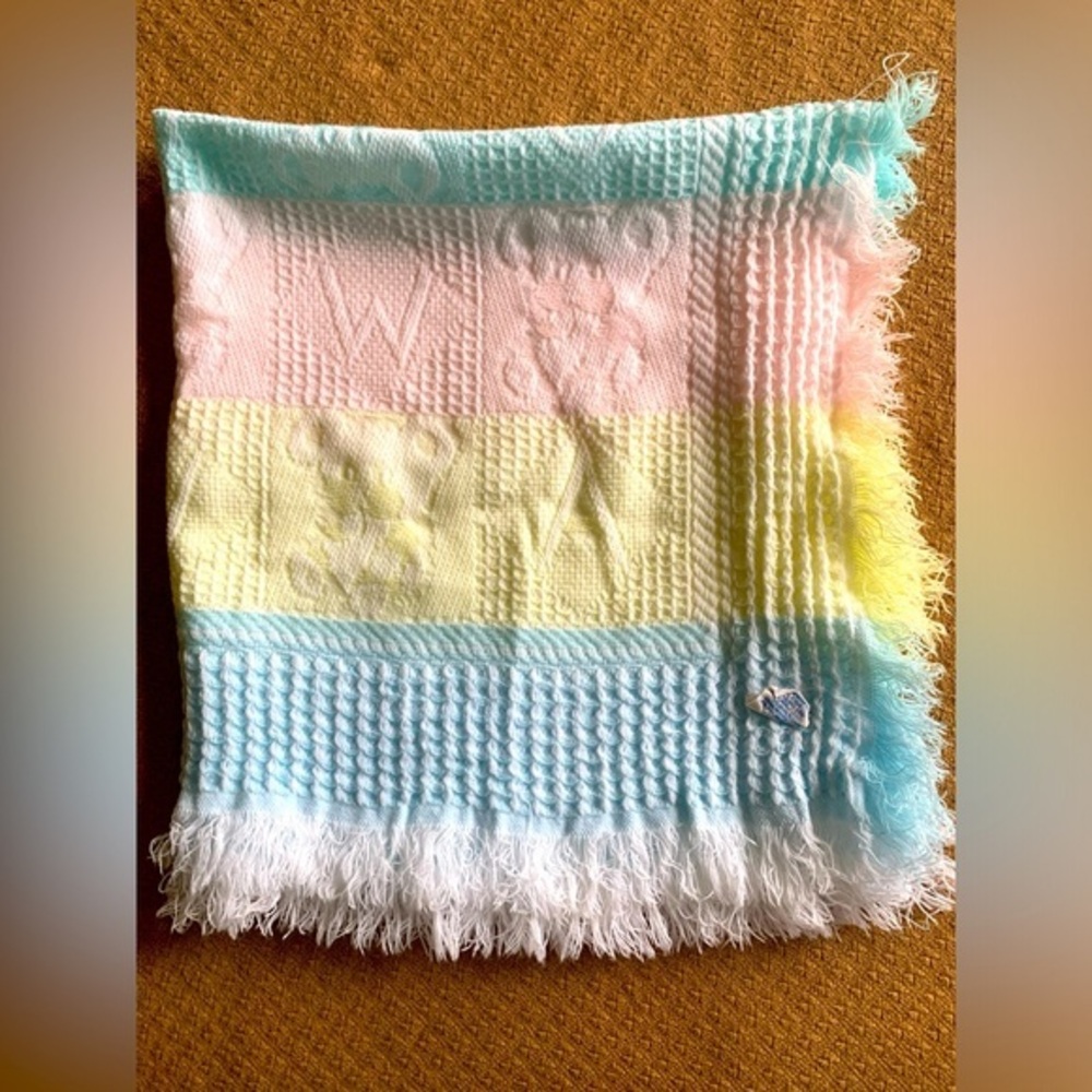 Vintage Baby Blanket Pride N Joy Pastel Waffle Fringe Bears Letters 34x34 90s